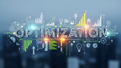 Artificial intelligence data optimization and automated business workflow with glowing icons and futuristic interface