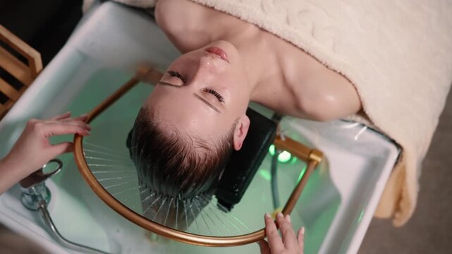 Close-up of a woman receiving a head massage during a Japanese head spa treatment with water flowing from a special hair washing tool.