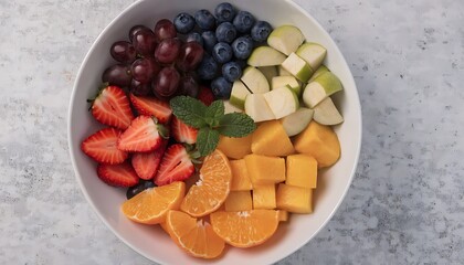 Healthy fruit salad bowl with sliced strawberries, grapes, blueberries, green apples, mango, and orange segments
