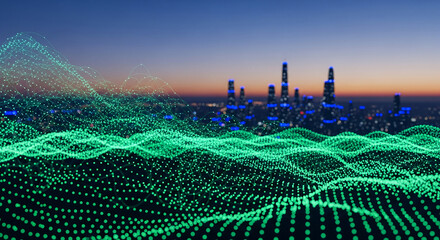 Abstract green network of dots and lines with blurred city skyline background, representing data flow, connection, and modern communication