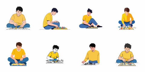 Fototapeta premium Vector illustrations of boys or young men sitting and intensely playing classic board games such as chess and Ludo.