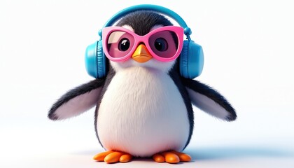 Obraz premium Cute penguin wears pink sunglasses blue headphones. Bird listens music enjoying the party. Funny character cartoon design against a white backdrop.