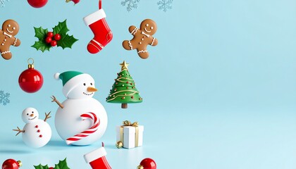 Naklejka premium Christmas tree, ball, snowman, holly berry, gingerbread man, caramel cane, and present box on a blue background for the winter holiday, New Year's, and Christmas concept. banner. Copy the space