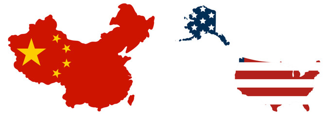 Obraz premium China and United States Map with Flags, Global Trade Dependency, Economic Relationship and Industrial Supply Chain Connection Between USA and China, World Map Political and Business