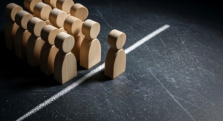 One wooden figure stands alone apart from a group.