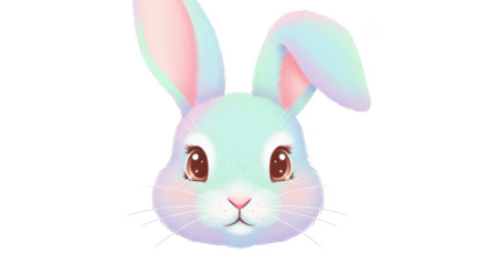 Pastel colored fluffy bunny rabbit face with large brown eyes and long ears isolated on a transparent background