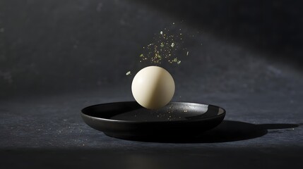 White egg in black plate with golden dust explosion in dramatic dark lighting for luxury food advertising