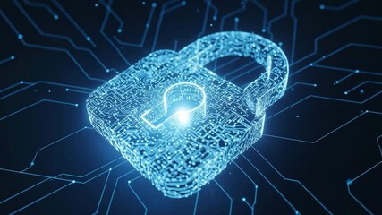 Digital security padlock protecting data with glowing circuit connections in a dynamic network video background for cybersecurity technology - Powered by Adobe