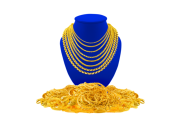Gold necklace sits on a display stand, while a blue necklace is placed on a pile of gold necklaces.