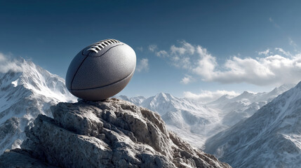 Football mountain peak rock snow sky clouds winter landscape adventure Majestic football rocky mountain peak crisp winter sky, textured leather detail glowing cold light, serene clouds and alpine