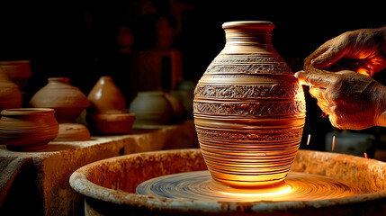 Glowing pottery vase pottery wheel clay vessel artisan hands textured pattern spinning motion warm light craft studio ceramic art handcraft detail filled with calm focus and subtle sparks