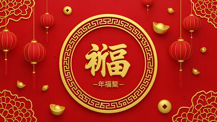 Vibrant Celebration of New Year with Golden Accents and Lanterns in a Festive Red Environment