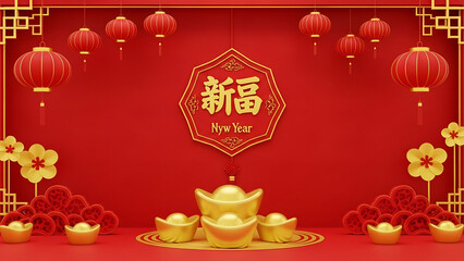 Vibrant Celebration of New Year with Golden Accents and Lanterns in a Festive Red Environment