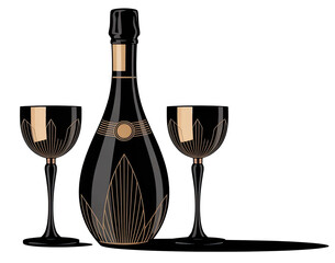 Art Deco style, a glamour champagne bottle and two champagne bowls on transparent background