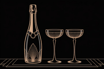 Art Deco style, a glamour champagne bottle and two champagne bowls, illustration with copy space