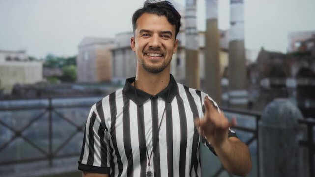 Young hispanic man wearing referee uniform outdoors, smiling and making rock and roll hand gesture, surrounded by architectural structures.