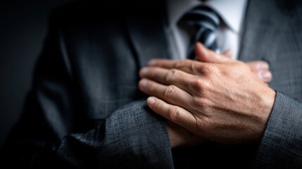 Man in suit placing hand over heart, symbolizing sincerity, trust, and integrity