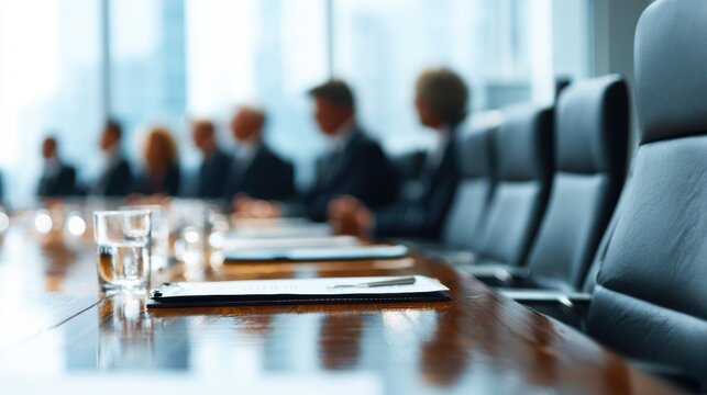 Business meeting in a modern boardroom with blurred figures and leather chairs - Powered by Adobe