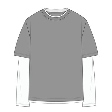 2-in-1 long sleeve t-shirt for tech pack. Oversized layered tee vector illustration with ribbed crew neck. Blank layered long sleeve t-shirt technical drawing. Technical flat sketch.
