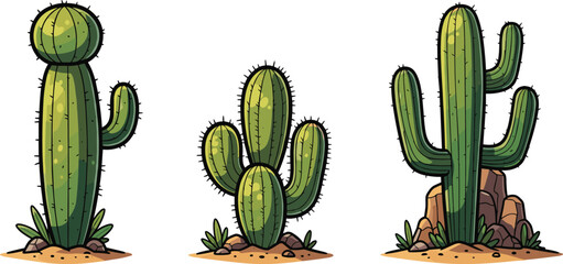 Cartoon cacti plants on desert ground with rocks and sand cactus green © Olaja Vector Vision