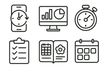 Time management tools for business planning vector icon set