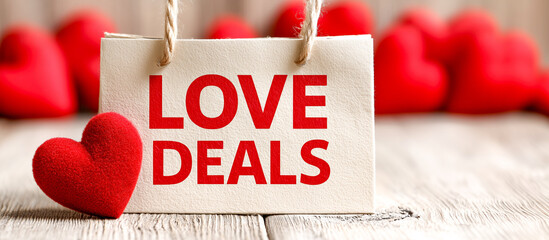 Love deals sign red heart romantic sale valentines promotion holiday discount gift shopping festive banner wooden table cozy mood retail offer sparks joy with warm vibe