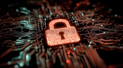 Digital padlock glowing on a circuit board, symbolizing cybersecurity and data protection