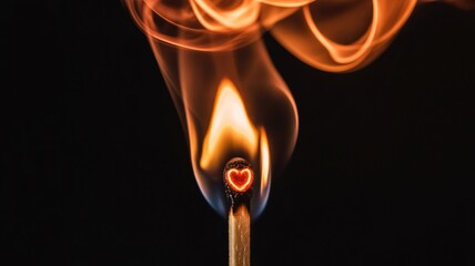 Dramatic burning match flame close up with heart shaped fire on matchstick tip against dark background with love