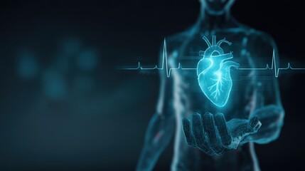Digital human heart hologram with electrocardiogram on dark background