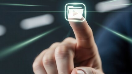 Index finger reaching to press virtual icon for user interface demonstration