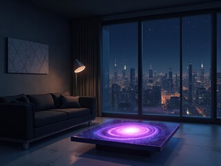 Obraz premium Modern Living Room with Night City View