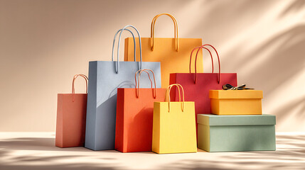 Shopping bags paper gift retail colorful pastel stack shadow minimalist modern joy fills elegant shopping bags and gift boxes arranged colorful pastel palette with soft shadow beige background