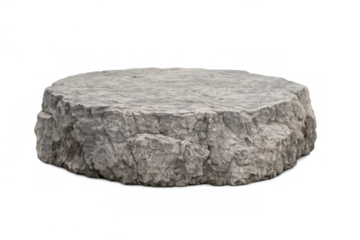 Round stone pedestal displaying product or object, gray rock platform on transparent background, rugged texture, 3d render