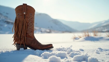 Fototapeta premium Brown leather cowboy boot with fringe stands in snowy landscape. Winter scene with sunlit mountains and soft blue sky. Cold weather fashion footwear.