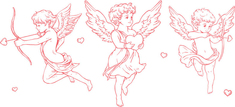 Vintage hand drawn cupid angel illustration set, engraving sketch cherubs with bow and heart for Valentine's day and wedding design