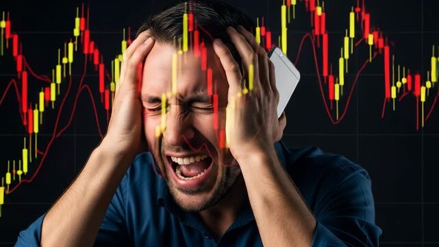 Frustrated trader reacting to stock market crash with phone gripped in hand investment loss panic and despair in financial markets