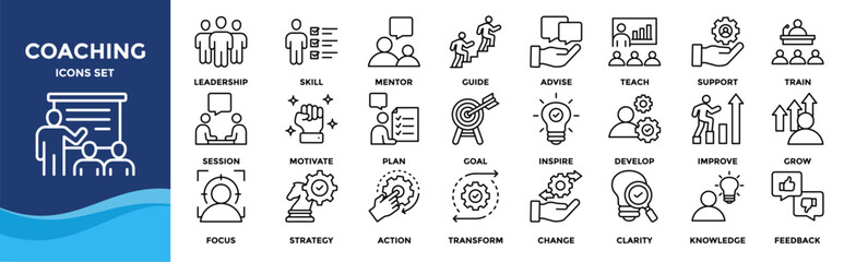 Coaching icon set collection. Icon pack contains leadership, skill, mentor, guide, train, teach, support, advise, lead, grow, inspire, goal, focus, plan, motivate, action
