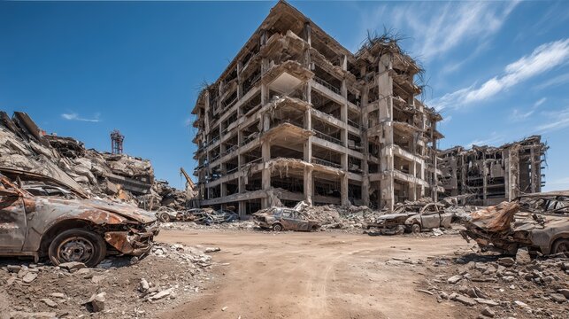 A massive, ruined concrete building with exposed rebar dominates a dusty, debris-filled landscape scattered with wrecked cars under a bright, sobering blue sky.
