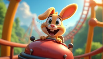 Joyful rabbit cartoon illustration riding rollercoaster with big smile. Happy bunny enjoys amusement park adventure. Festive design ideal for children, Easter themes playful spring season event