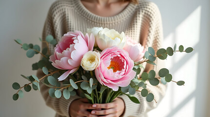 Elegant Pink and White Peonies with Eucalyptus