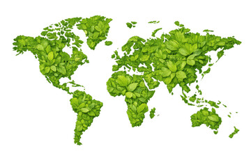 World map forming with green leaves symbolising environmental protection, global ecology, and sustainable living, transparent background