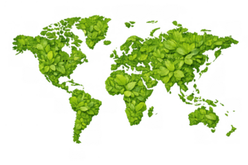 World map forming with green leaves symbolising environmental protection, global ecology, and sustainable living, transparent background