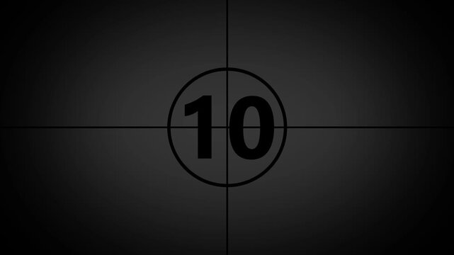 A retro film countdown animation showing number 15 to 0 number. 15 seconds vintage film countdown on faded grey background. Retro movie style countdown animated video.