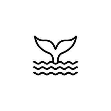 Thin outline icon of a whale tail emerging from calm ocean On white Background Vector illustration