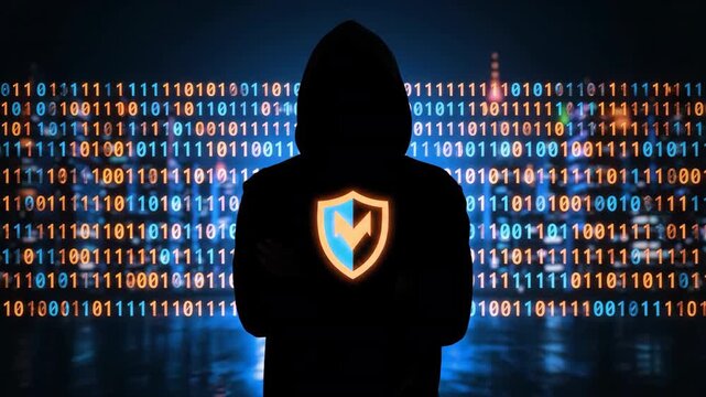 Anonymous hacker in a hooded silhouette with a glowing shield logo against a digital binary code cityscape at night.