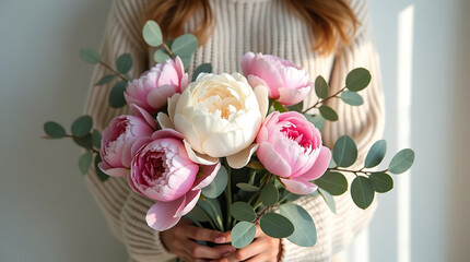 Woman Holding Beautiful Pink Peony Bouquet
