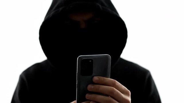 Anonymous person wearing a black hoodie holding a smartphone against a stark white background.