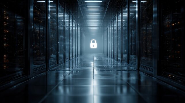 Secure data center hallway with glowing padlock symbol in the distance - Powered by Adobe