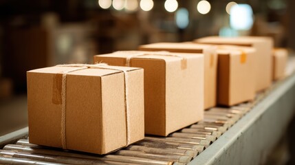 Cardboard boxes lined up on a conveyor belt in a warehouse, ready for shipping