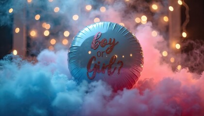 Gender reveal party balloon is in pink blue smoke. The balloon asks boy or girl. Bright blurred lights are on background. Party concept reveals child gender.